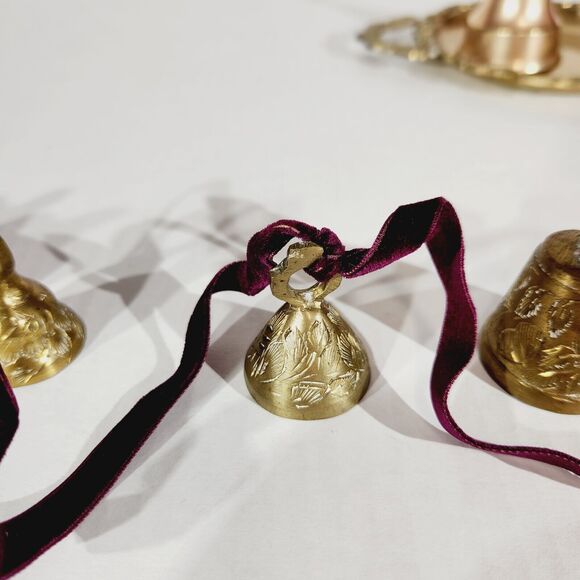 Brass Bells Hand String Plate Lot Vtg Made in India Etched MCM Decor Purple - Picture 14 of 16